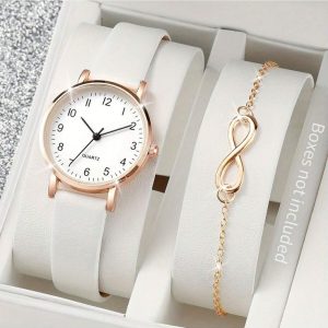 2 Pieces_Set, Women’s Watch, Women’s Casual Round Pointer Quartz Watch, W…